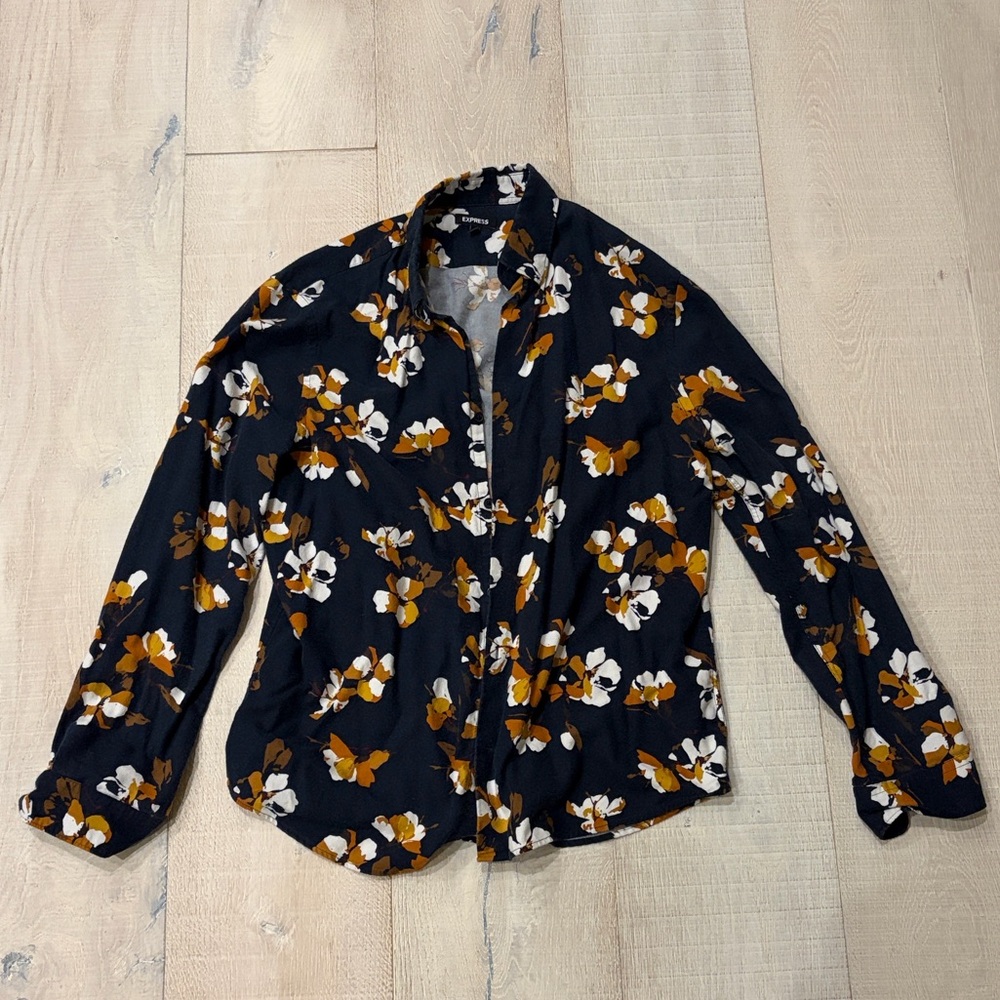 Express Navy and White Floral Shirt with Orange Accents